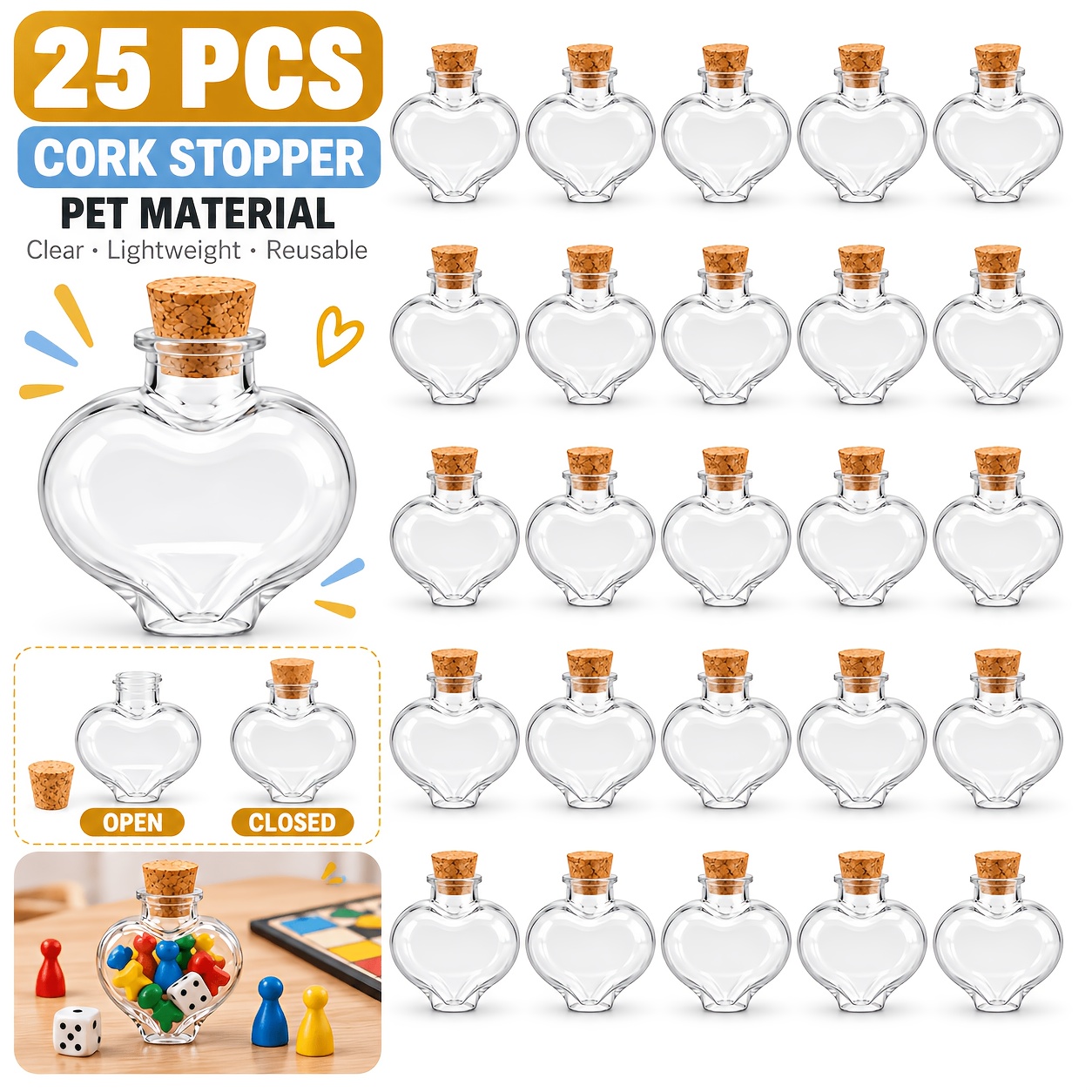 TEMU Lot de 25 flacons transparents en PET de cœur, 1,28 × 1,26 pouces, disponibles avec bouchons en bois ou en plastique, légers et durables,