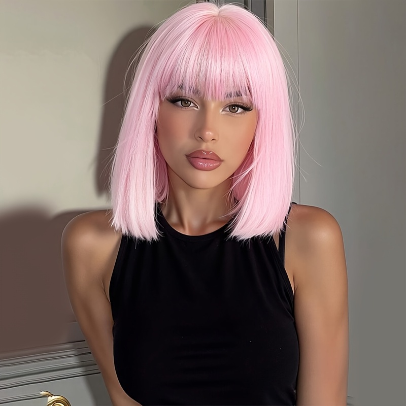 Image of 14 Inch Straight Pink Wigs With Bangs For Women For Party, Christmas, Music Festival, Cosplay And Other Activities