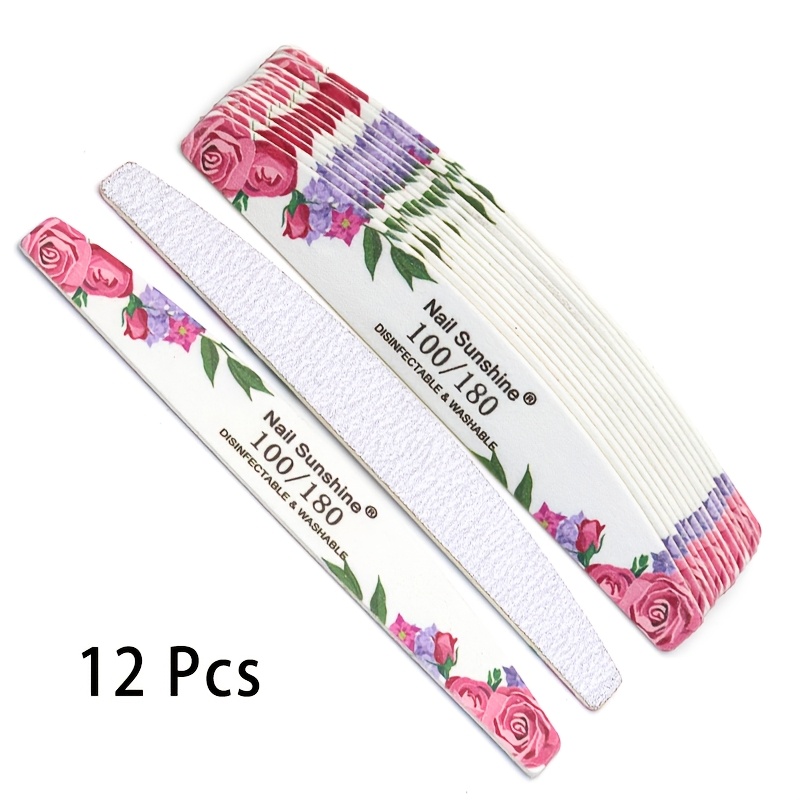 Image of 12pcs/bag Pink Rose Wooden Nail Files 100 180 Grit Half White Sandapaper Nail Art Files Washable Thick Polishing Manicure File Salon Tools