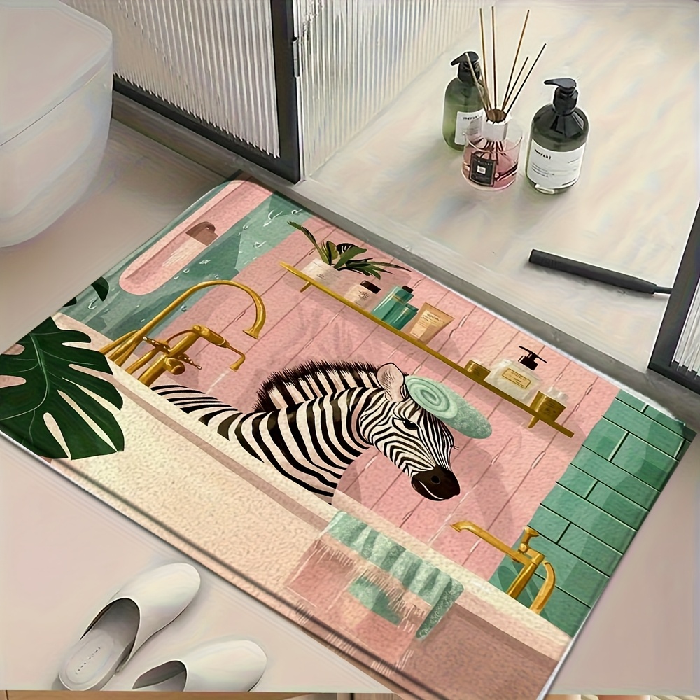 Image of A Humorous Design Mat Featuring A Zebra Taking A Bath, With Creative Animal Designs, Made Of High-quality Flannel, Suitable For Bathroom Decor, Living Room, Bedroom Entrance, And As A Welcome Mat