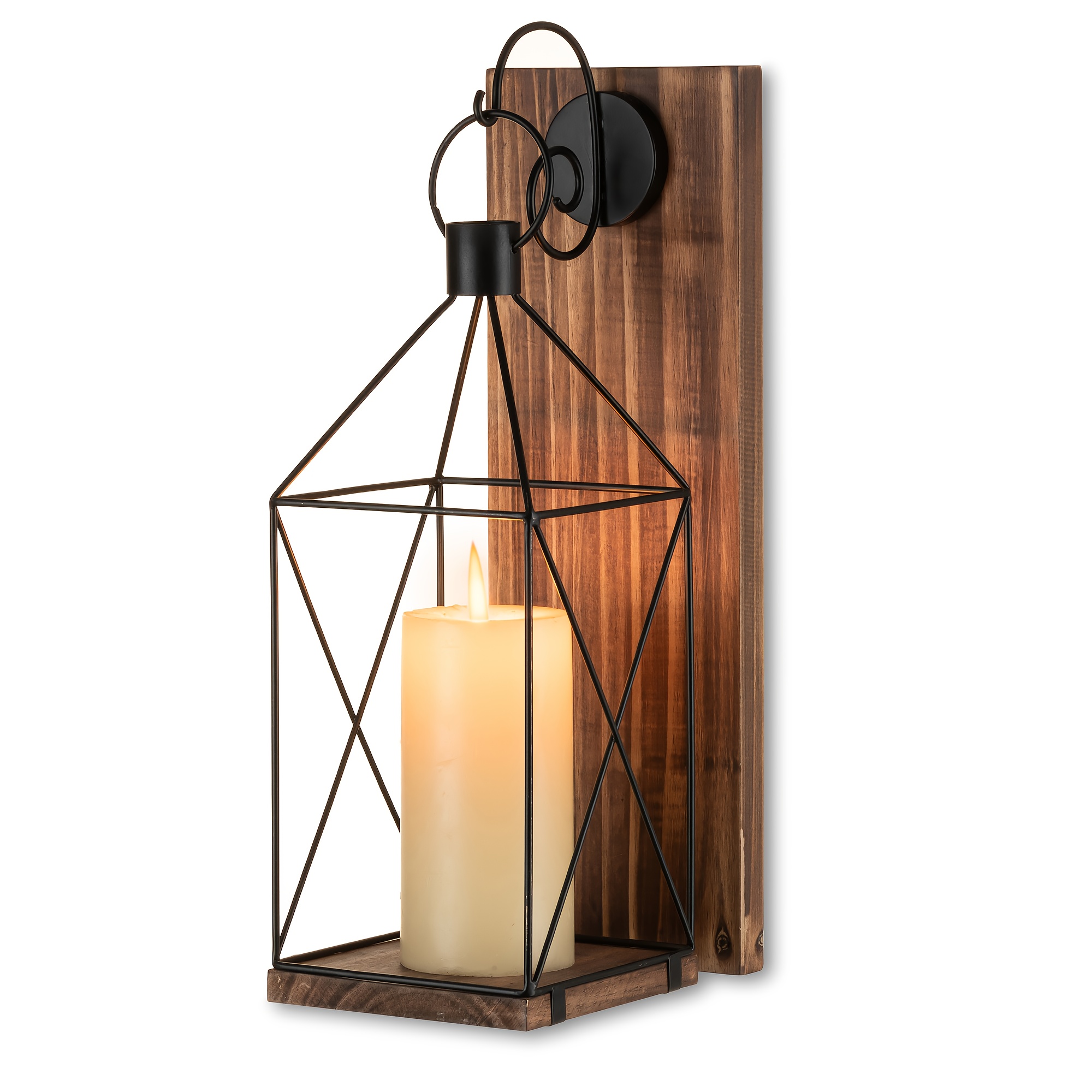 Image of 1pc Candle Wall Sconce Metal Lantern: Indoor Wood Rustic Wall Sconces Candle Holder Decorative For Living Room Front Porch Yard, 13.4 Inch Farmhouse Home Decor, Brown