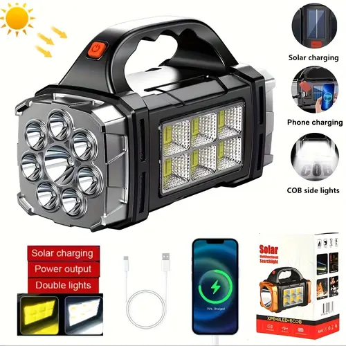 2200mah powerful bright led flashlight usb solar rechargeable portable searchlight long lasting battery powerbank suitable for camping outdoor sports