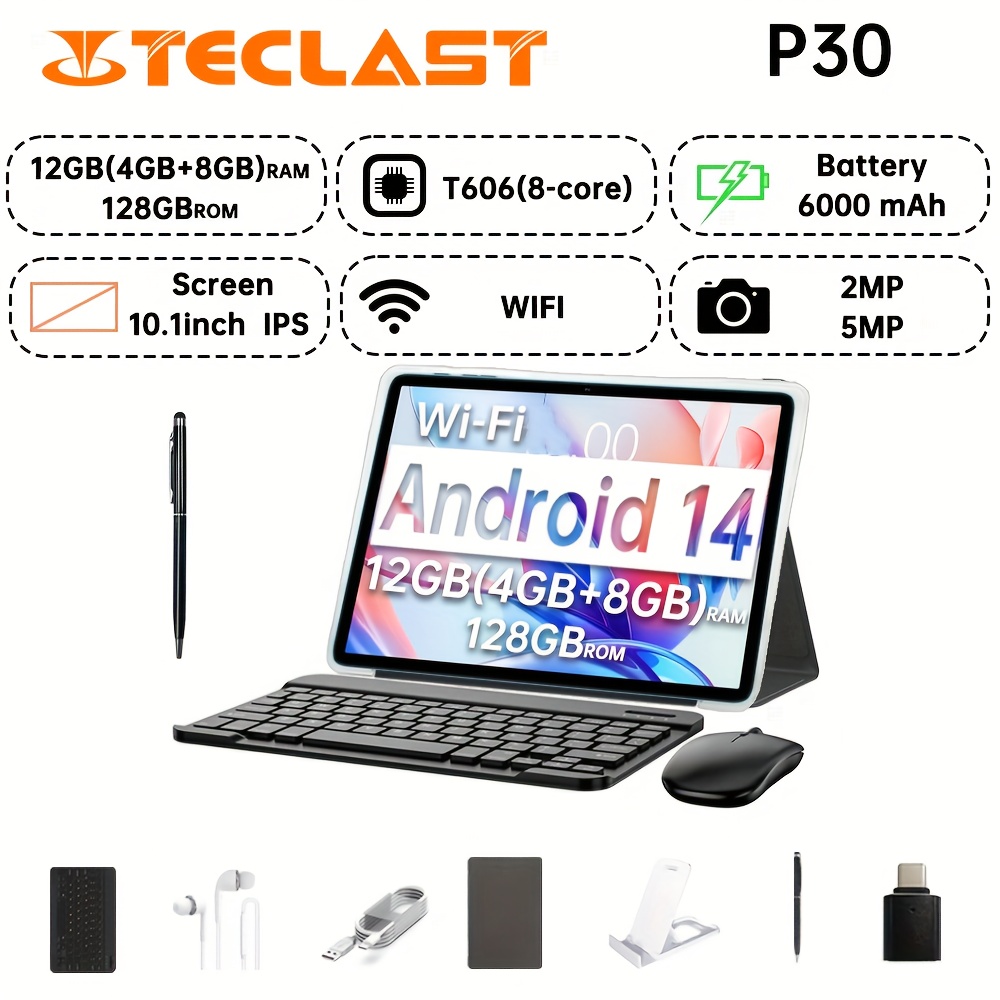 Teclast P30 Tablet 10.1-inch 1280×800 IPS Display / 4GB RAM / 128GB Storage / Unisoc T606 1.6GHz Processor / Wi-Fi / 6000mAh Battery / Type-C Port / 5MP + 2MP Dual Camera / Android 14 / Keyboard and Accessories Bundle