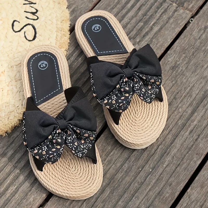 breathable linen slides open toe lightweight   stylish slip on shoes for indoor outdoor relaxation vintage round toe flat sandals with decorative bow indoor outdoor shoes vintage style sandals eva sole sandals details 16