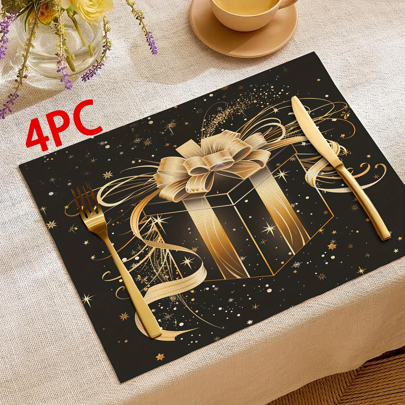 

4- Christmas Placemats, 12x18 , Linen Table , , Washable Dining For Decor