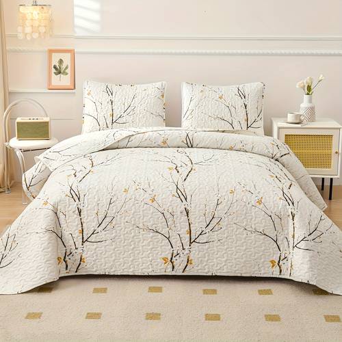 2 3pcs plum white quilt set king size reversible quilt bedding set lightweight bedspread soft botanical bed coverlet set with 1 2 pillow shams for