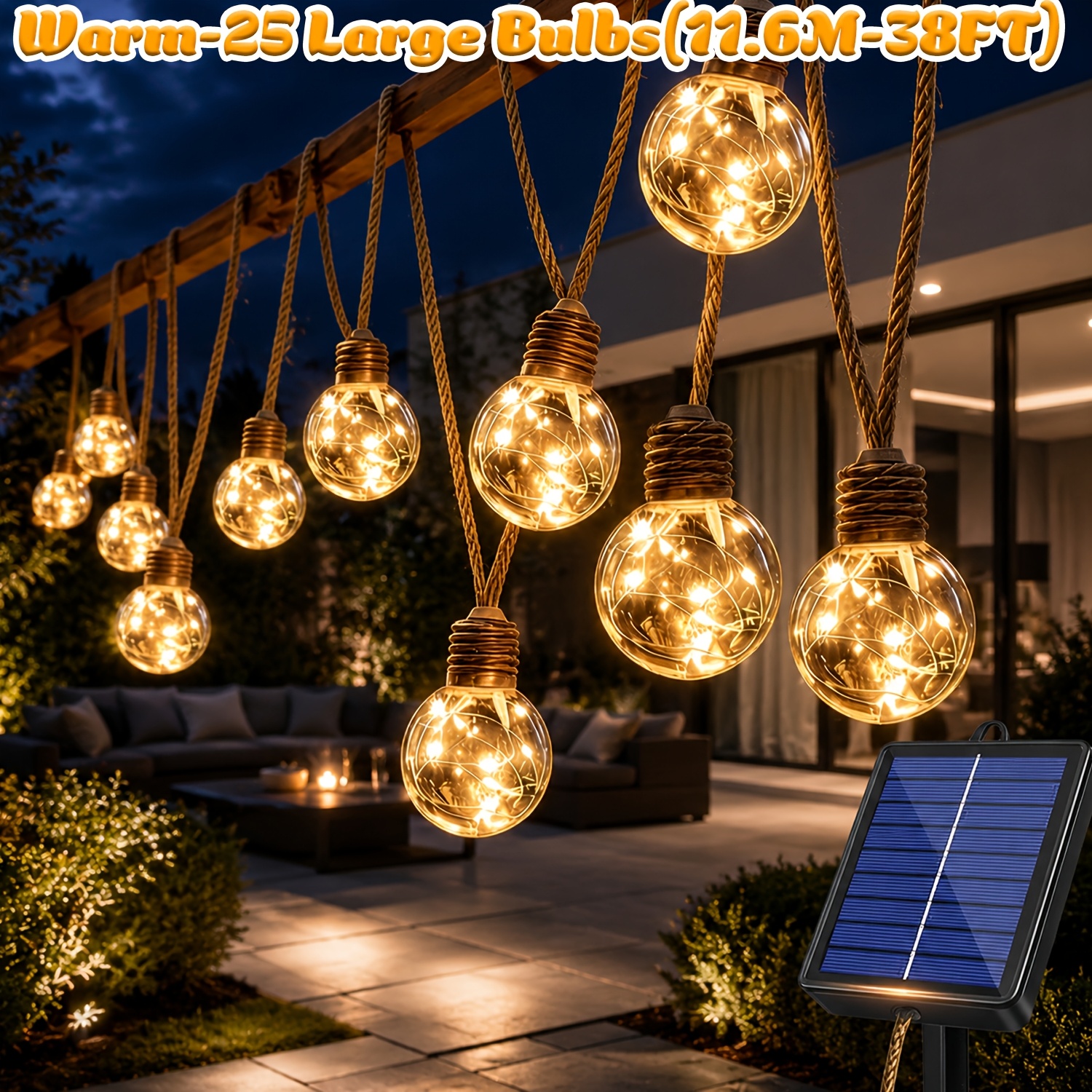 TEMU 25pcs Large Bulb Solar Ball String Light 25/16/10pcs, Outdoor Ip44 Retro Rope Light, 8 Lighting Solar Rope Light, Suitable For Garden, Park,
