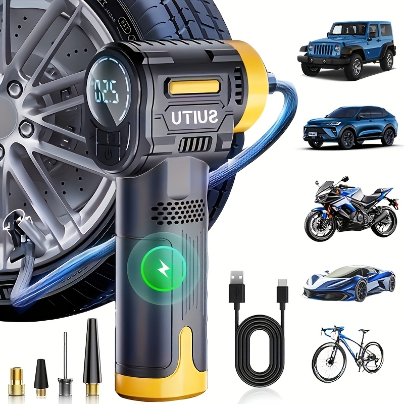 TEMU Portable Car Air Pump, Handheld Wireless Tire Inflator, Air Compressor, Equipped With Led Lighting, Digital Tire Pressure Display, Type-c Fast