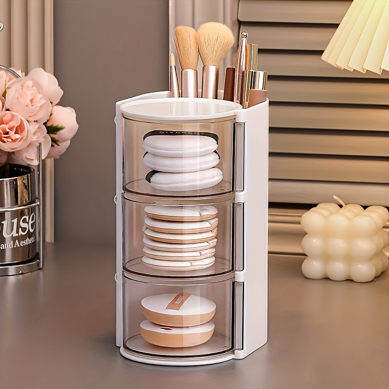 2 3 tier makeup organizer with brush holder dustproof white pink powder     dsktop cushions holder container with brushes case hair clip jewelry storage drawel bin   vanity table bathroom Product details 4