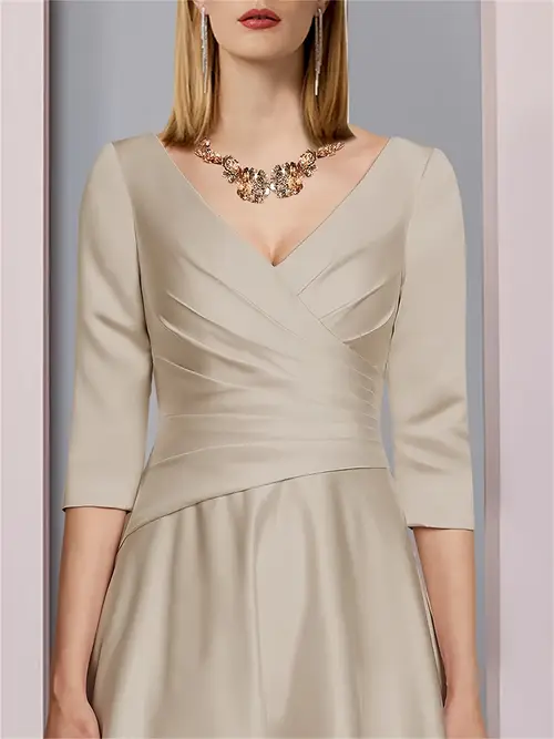 a line mother of the bride dress elegant 3 4 sleeve satin wedding guest dress with v neck pleated tea length skirt formal party attire for women built in bra