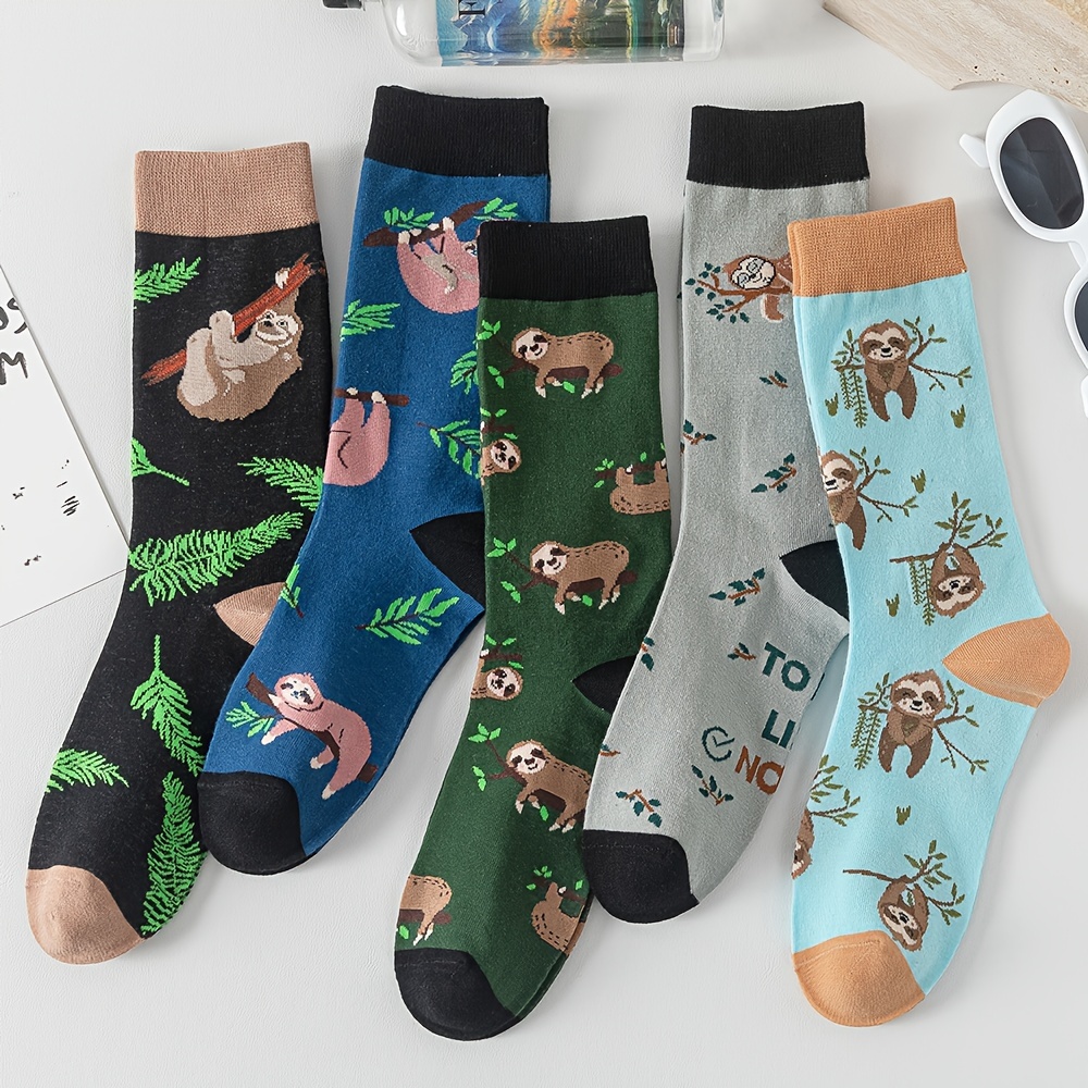 Image of 2/3/5-pair High-quality Cotton Socks, Cute Sloth Pattern Mid-calf Socks, Cartoon Animal Sports Socks, For Teenager