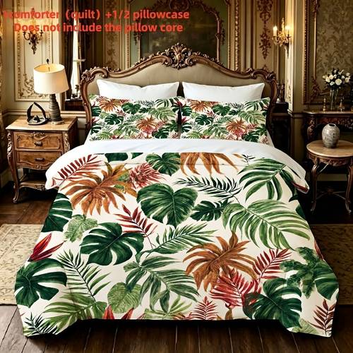 imagem do item edredom acolchoado com estampa de plantas tropicais, adequado para camas de e de solteiro no quarto, com de folhas verdes, e confortável para as