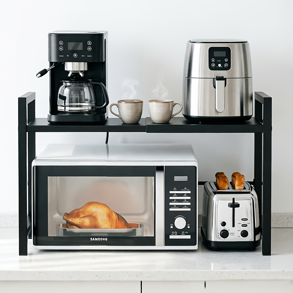 TEMU Étagère de cuisine à 2 niveaux, support de comptoir pour micro-ondes, étagère de four, rangement de cuisine, extensible de 40 à 64 cm, avec 6