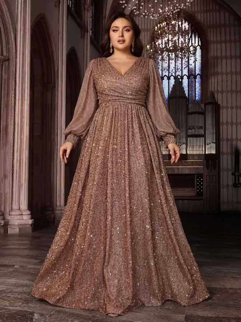 Plus Size, Plus Size Vintage Court Style Sequin Lantern Sleeve Waist-Cinching Gown, Body-Contouring and, for Parties, Weddings, Graduation Season, Formal and Elegant Dress, Gorgeous Sequin Square Neck ... Plus Size, Plus Size Vintage Court Style Sequin Lantern Sleeve Waist-Cinching Gown, Body-Contouring and, for Parties, Weddings, Graduation Season, Formal and Elegant Dress, Gorgeous Sequin Square Neck ...