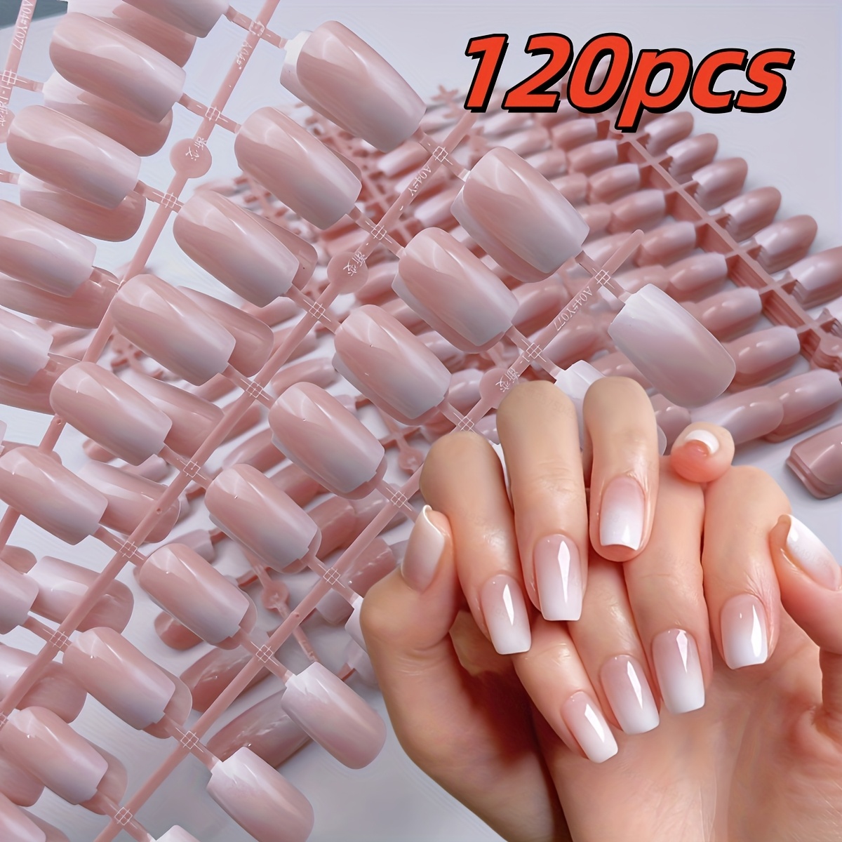 120pcs Medium Square Press-on Nails, Gradient Pink White, Bright Glossy -on Nails, With Gel Glue And Nail File, Very Suitable For And Women' Wear