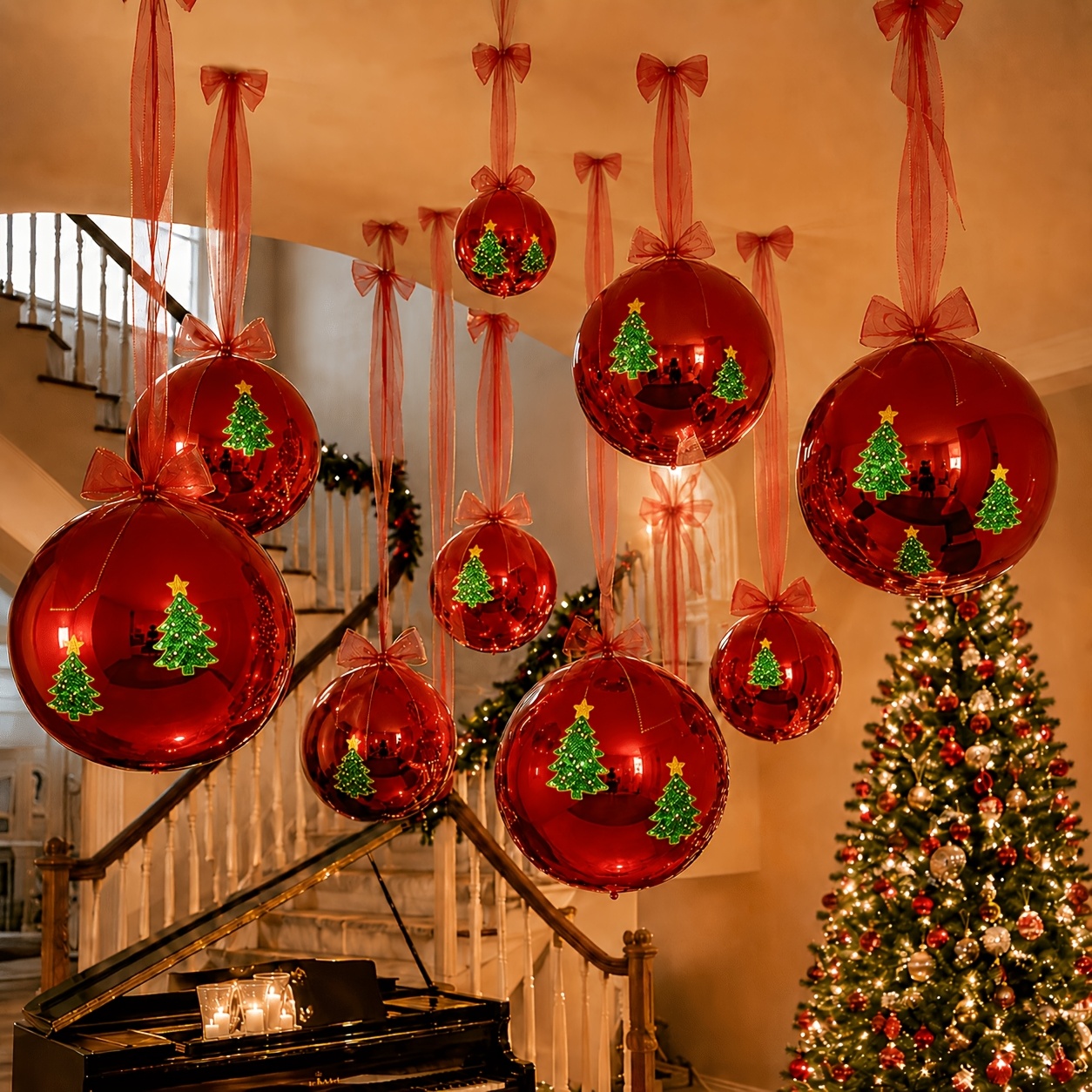 TEMU 10pcs Red Hanging Ball Ornament Set, Includes 22-inch Large Decorative Balls, 1 Roll Of Santa Hat Stickers, And 1 Roll Of Red Ribbon. Suitable