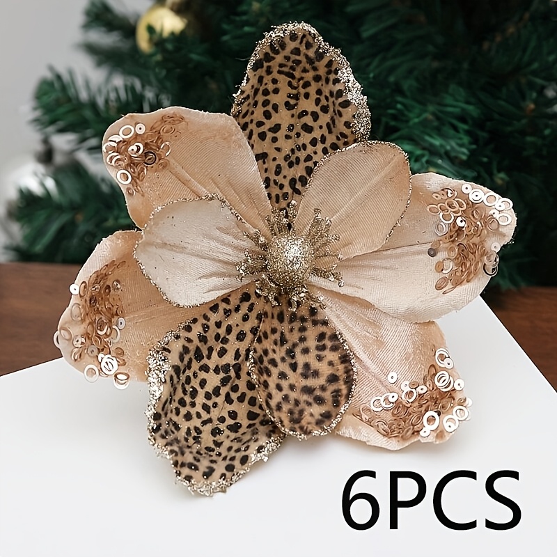 TEMU 6pcs 6pcs Glitter Leopard/ Print Artificial Magnolia Flowers With Realistic Magnolia Shape & Suitable For Xmas Tree, Wedding, Holiday Party