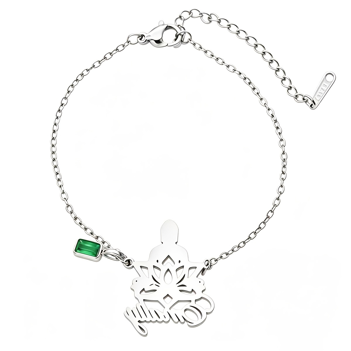 Custom Lotus Name Bracelet, Stainless Steel with Green Crystal