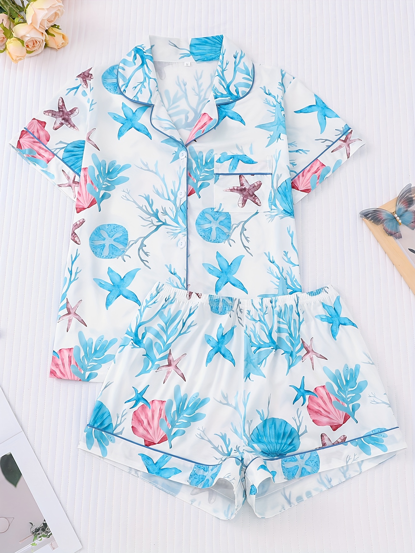 two piece womens elegant polyester pajama set knitted fabric comfortable for   short sleeved button top collar and same shorts with   seaweed print and pocket details suitable for adult pajama set Product details 0