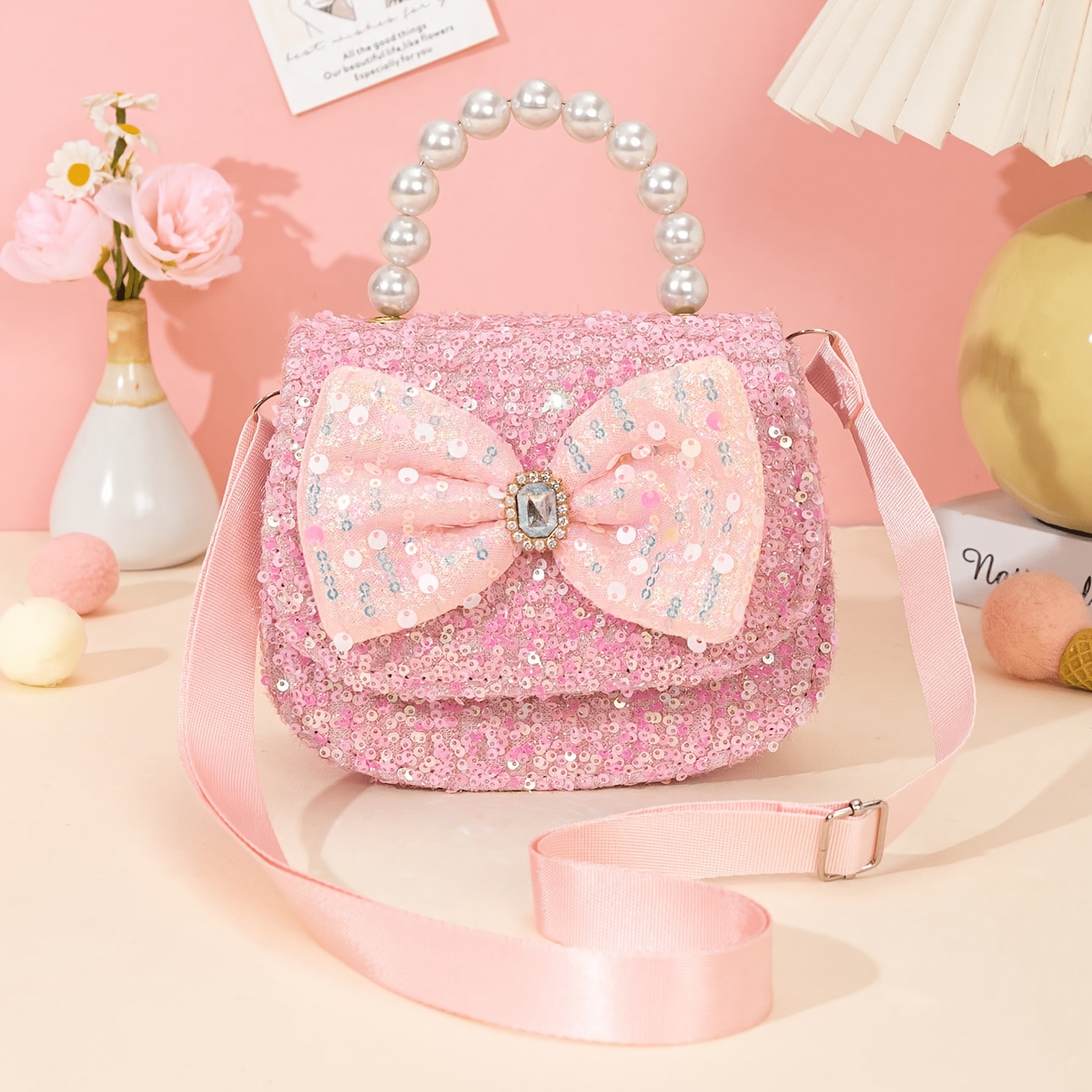 TEMU 1pc Sequin Material Large Bow Decoration Pearl Strand Handbag, Adjustable Crossbody Bag, Suitable For , Birthday Gift, Holiday Gift