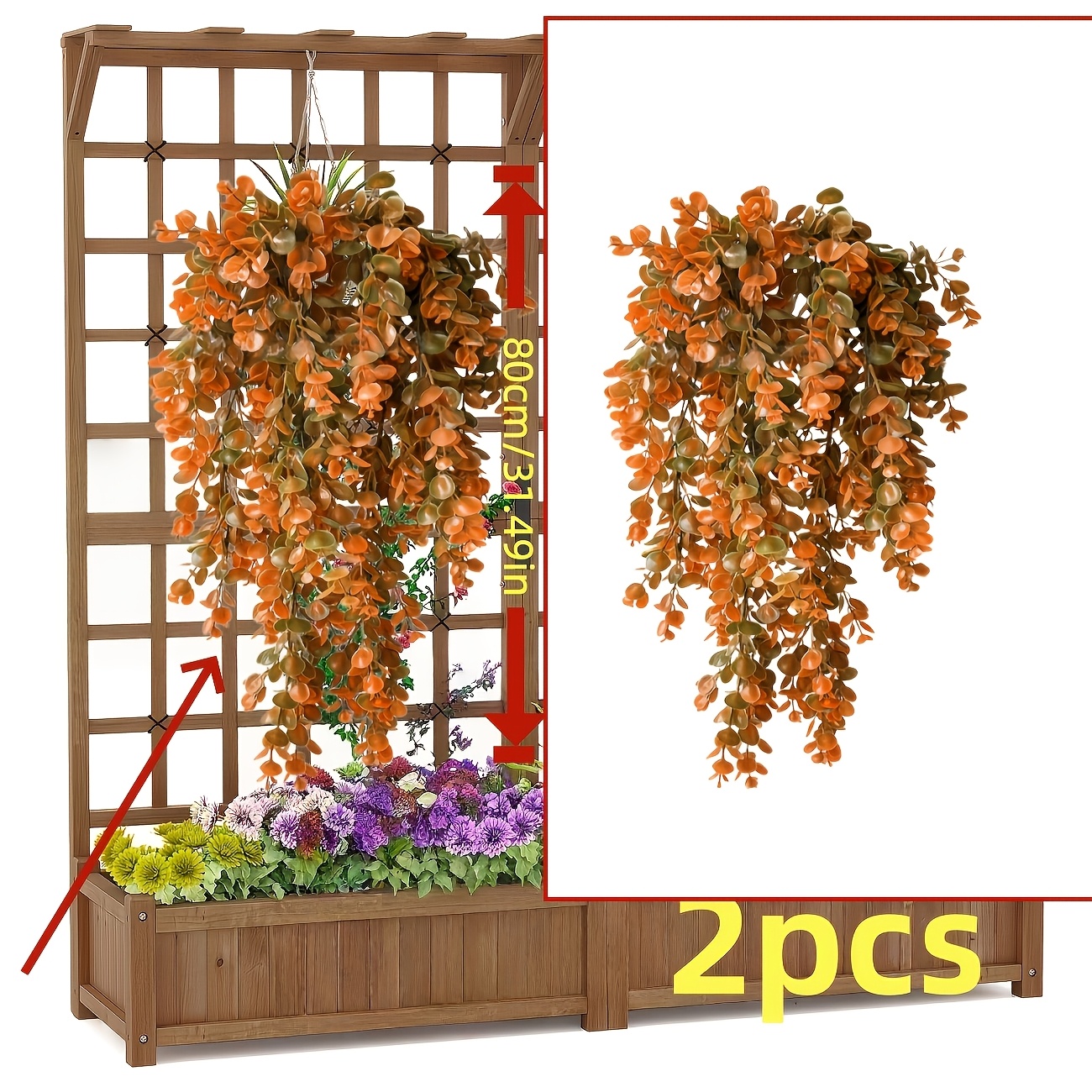 TEMU Set Of 2 Artificial Eucalyptus Hanging Plants In Autumn Colors, Featuring Dense And Leaves With An Orange-brown Gradient. , Drooping Foliage Has
