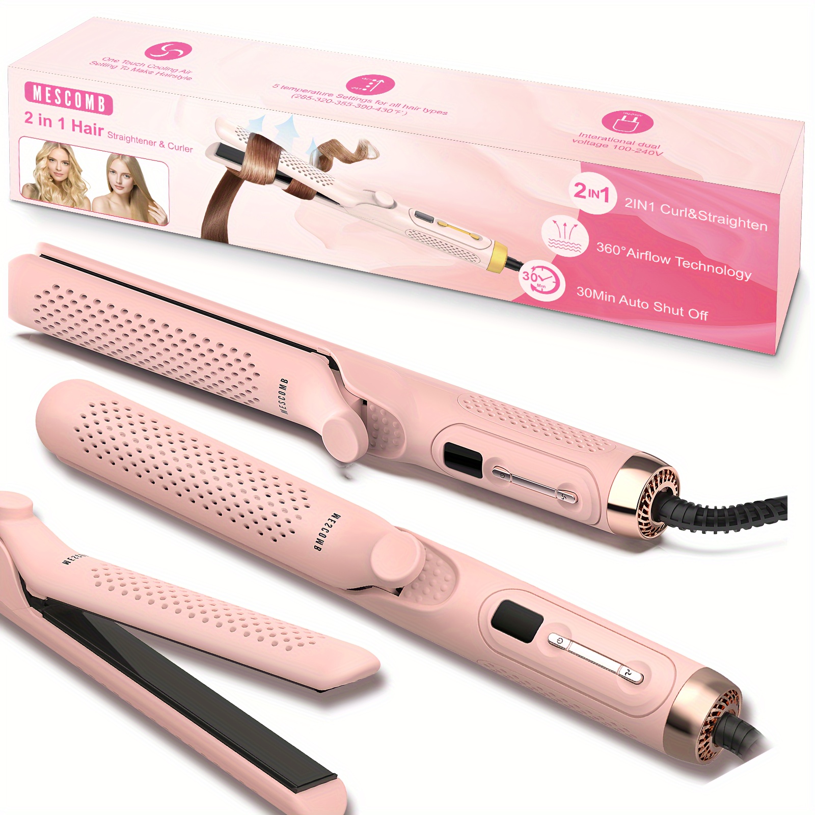 

Airflow Titanium Styler Curling Iron - 1 Inch Hair Straightener And Curler 2 In 1 With 360°vented Cool Air To Lock In Style, Flat Iron Curling Wand For Short Hair, Adjustable Temp, Dual Voltage