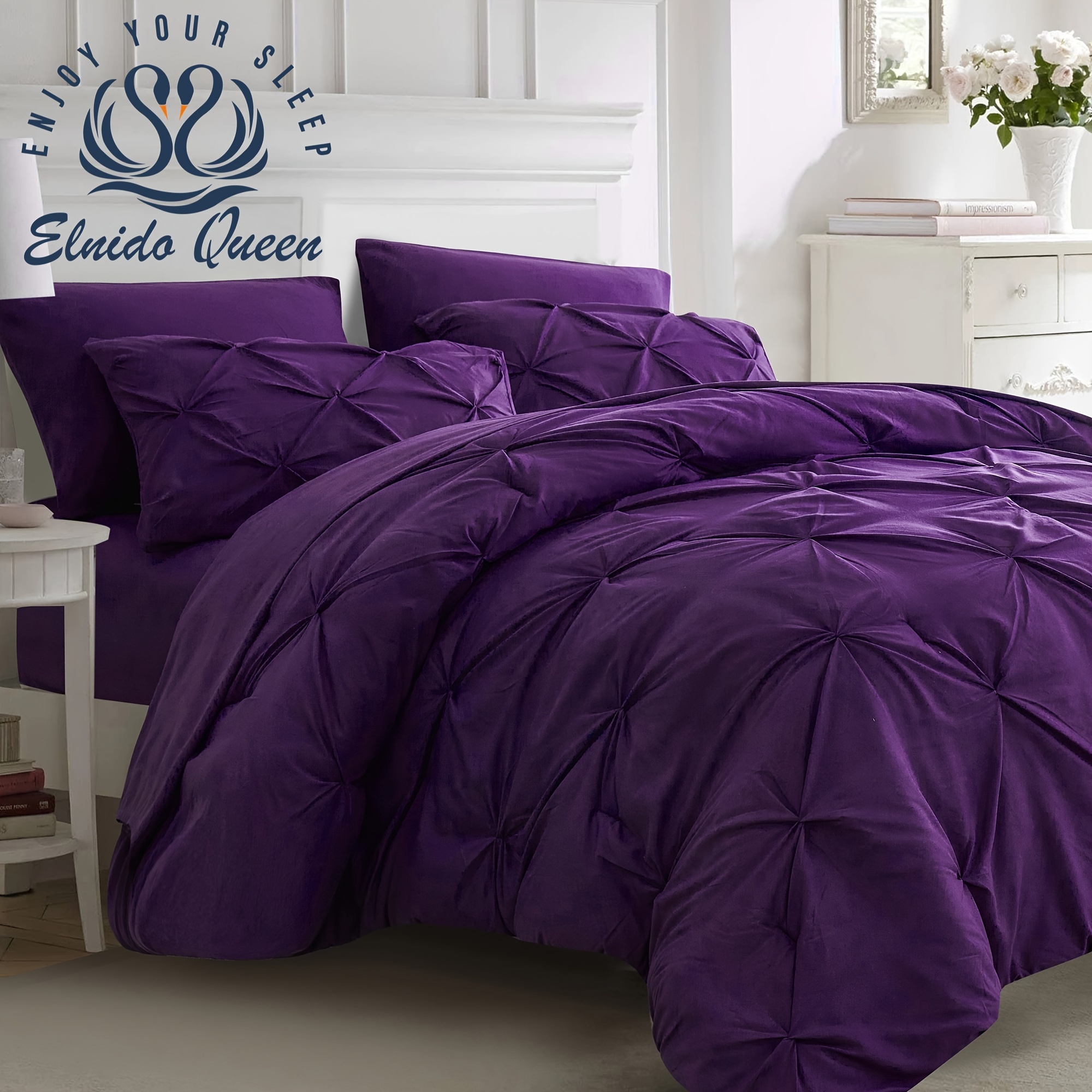 

Queen®7pcs Purple Comforter Set Queen Size With Sheets, Pintuck 7 Piece Bedding Comforters Bed In A Bag For All Season, Pinched Pleat Bed Set With Comforter Twin, Full, Queen, King