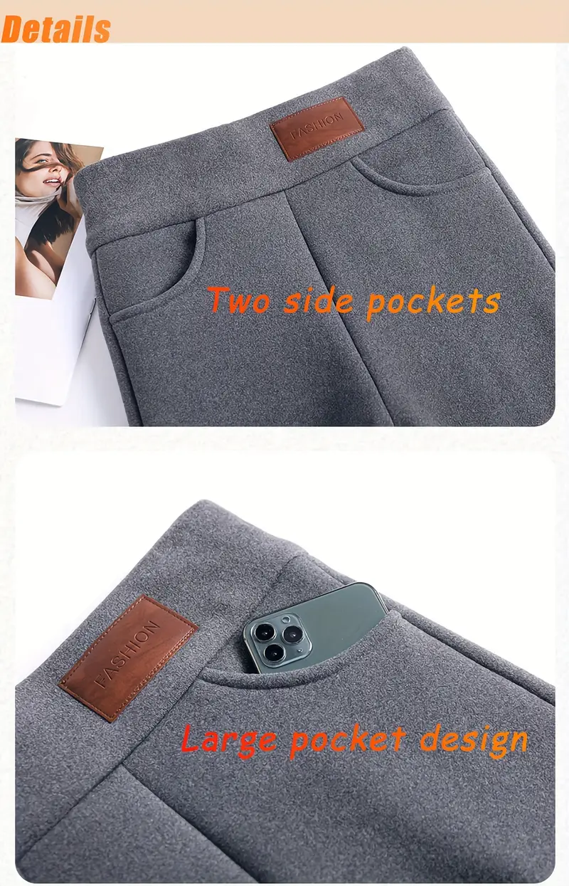 2 pcs slim high waist sports warm pants with velvet with pockets comfortable and soft suitable for autumn and winter details 3