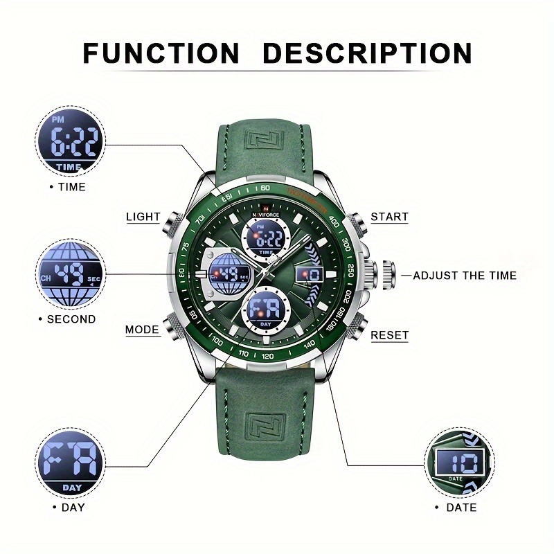  multifunctional electronic mens watch genuine leather strap sports digital wrist watch details 6