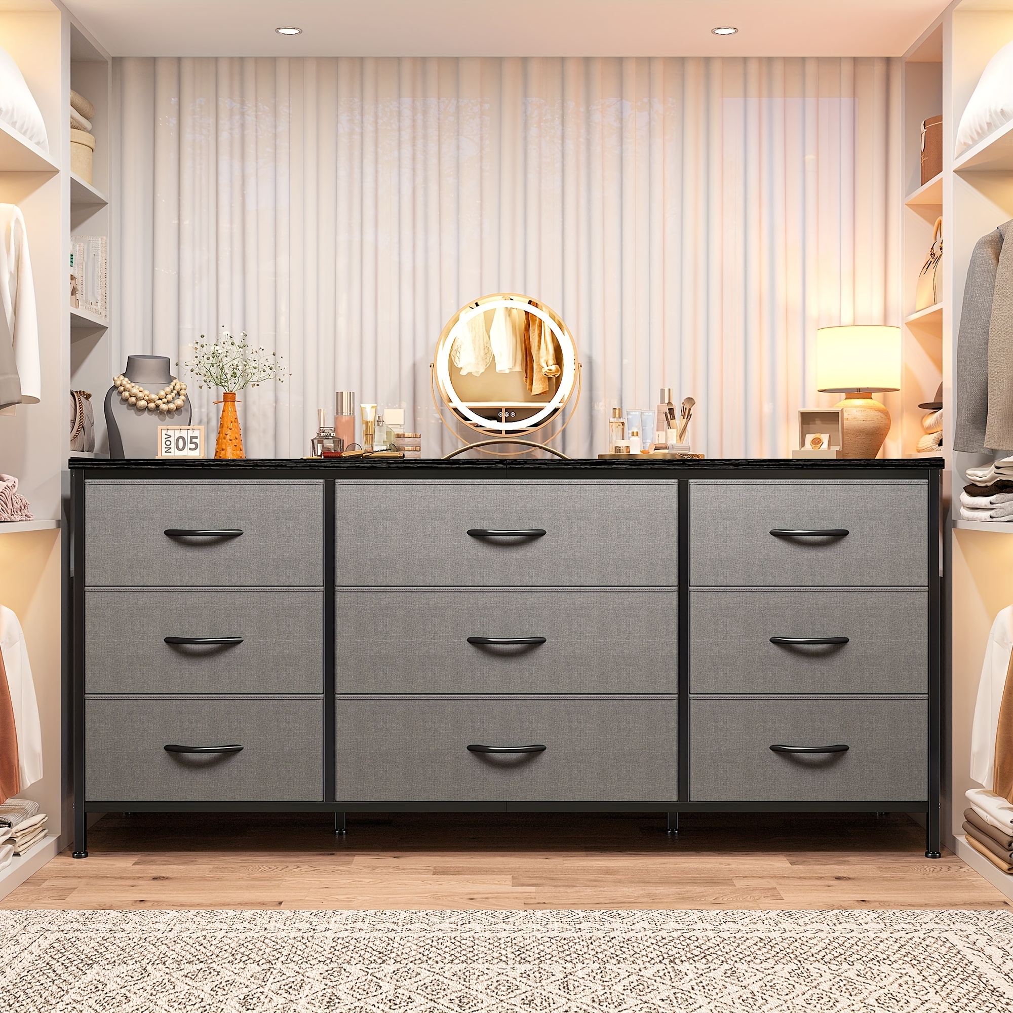 tv stand dresser for bedroom with 5 fabric drawer, entertainment center for  45 inch television, open shelf, adjustable feet, media console table with  storage, living room furniture | Shop On Temu And