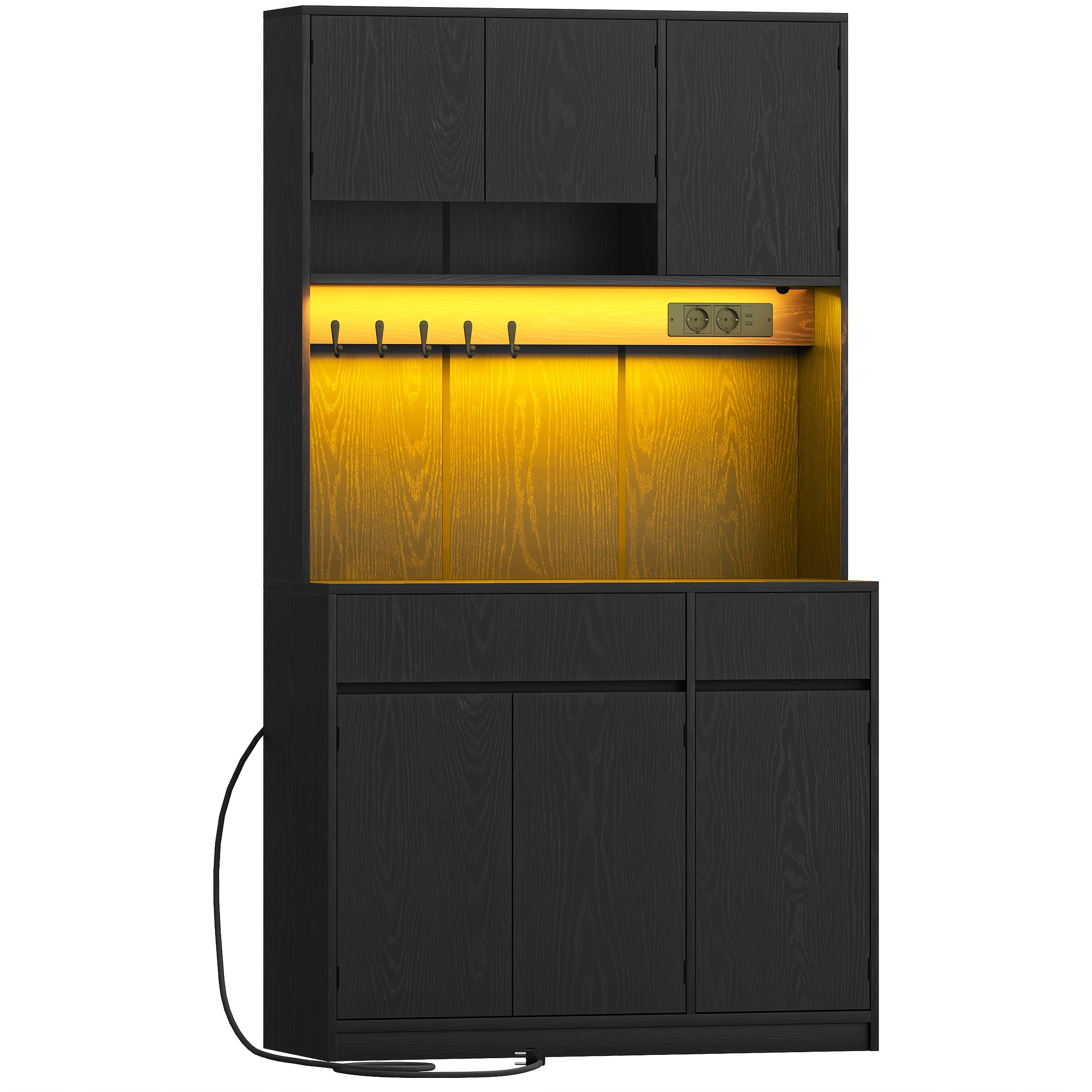 Image of Tall Kitchen Sideboard, Living Room Sideboard, With Power Strip And Led Light Strip, Large Work Surface, Adjustable Shelves, Kitchen, Living Room, 40 X 100 X 180cm