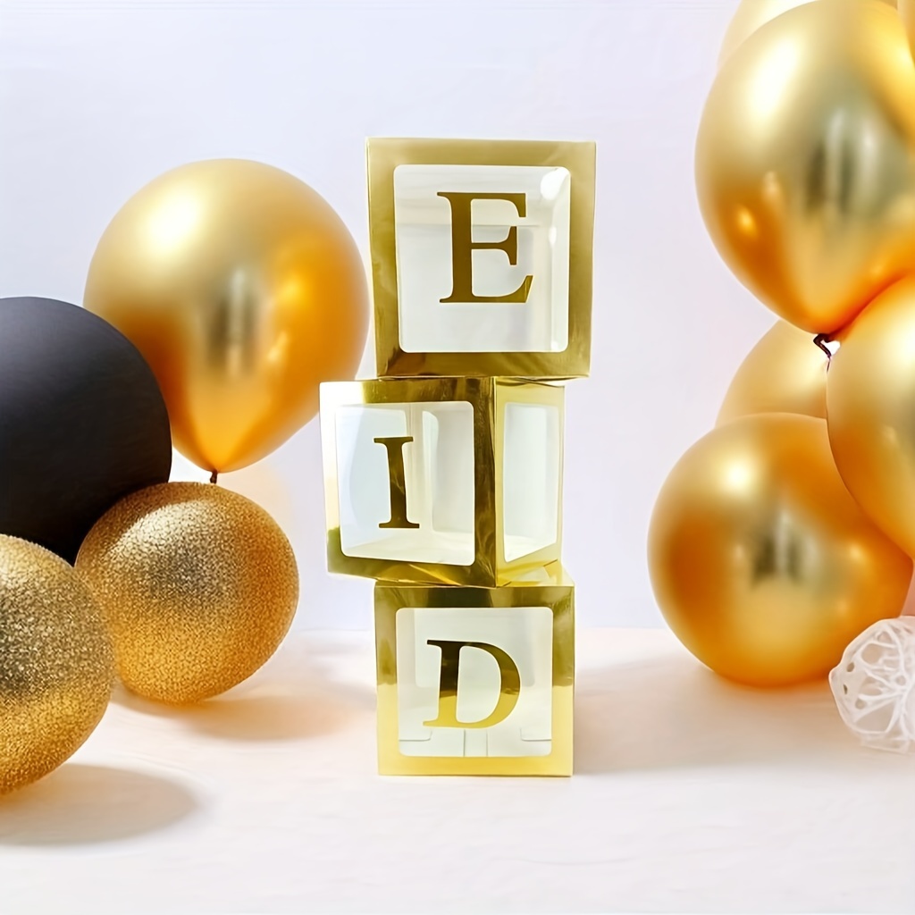 

3pcs, Golden Eid Balloon Boxes For Ramadan Kareem, Eid Mubarak Clear Blocks Decor With 1 Letters For Photoshoot Props, Cake Smash Backdrop, Eid Al-adha Mubarak