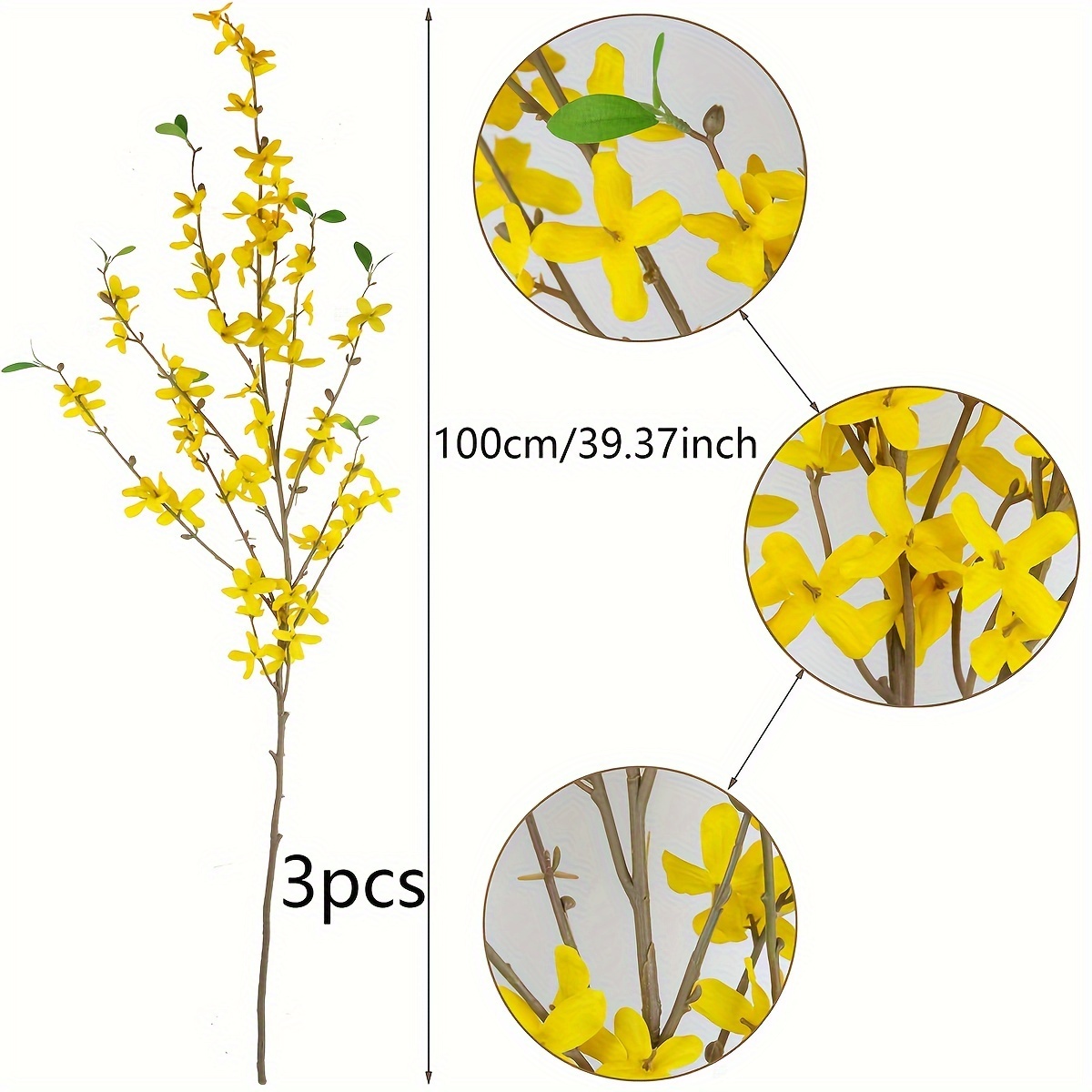 Image of 3pcs Artificial Wisteria Branch Flower Yellow Long Stem 39.4 Inch Fake Jasmine Spring Summer Flower Orchid Wedding Floral Arrangement Party Table Decoration