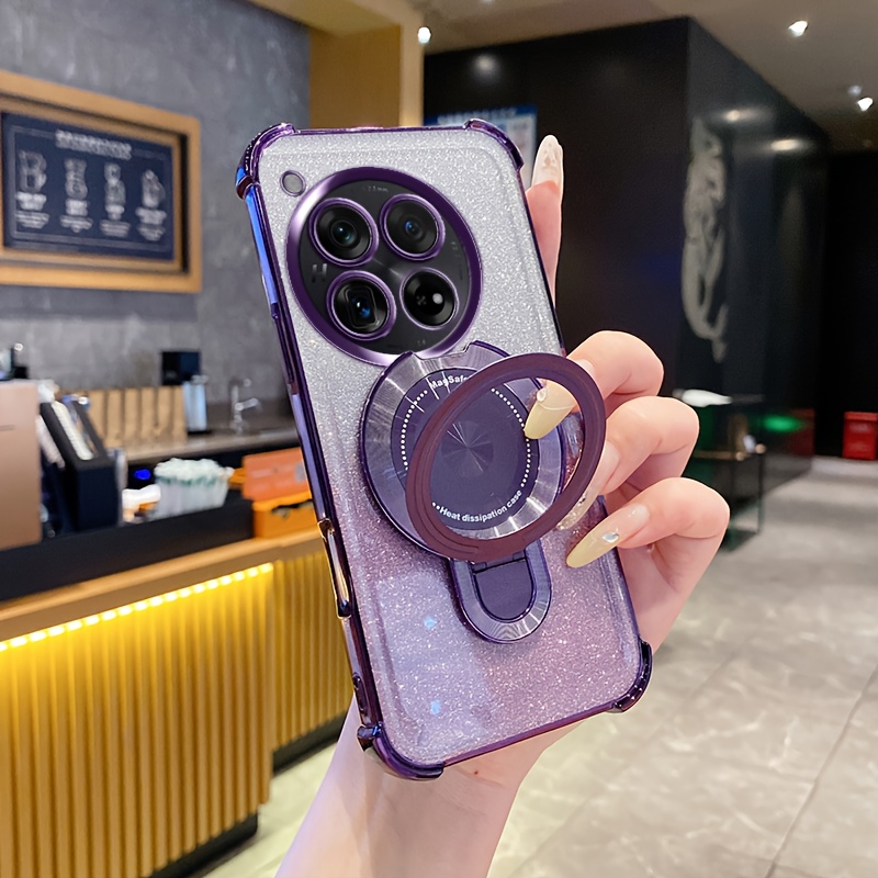 TEMU Phone Case: For Oneplus 12/oneplus 13/phone Case, Cute Sparkling Transparent Shiny With Metal Magnetic Stand Luxury Plated Shockproof Protective