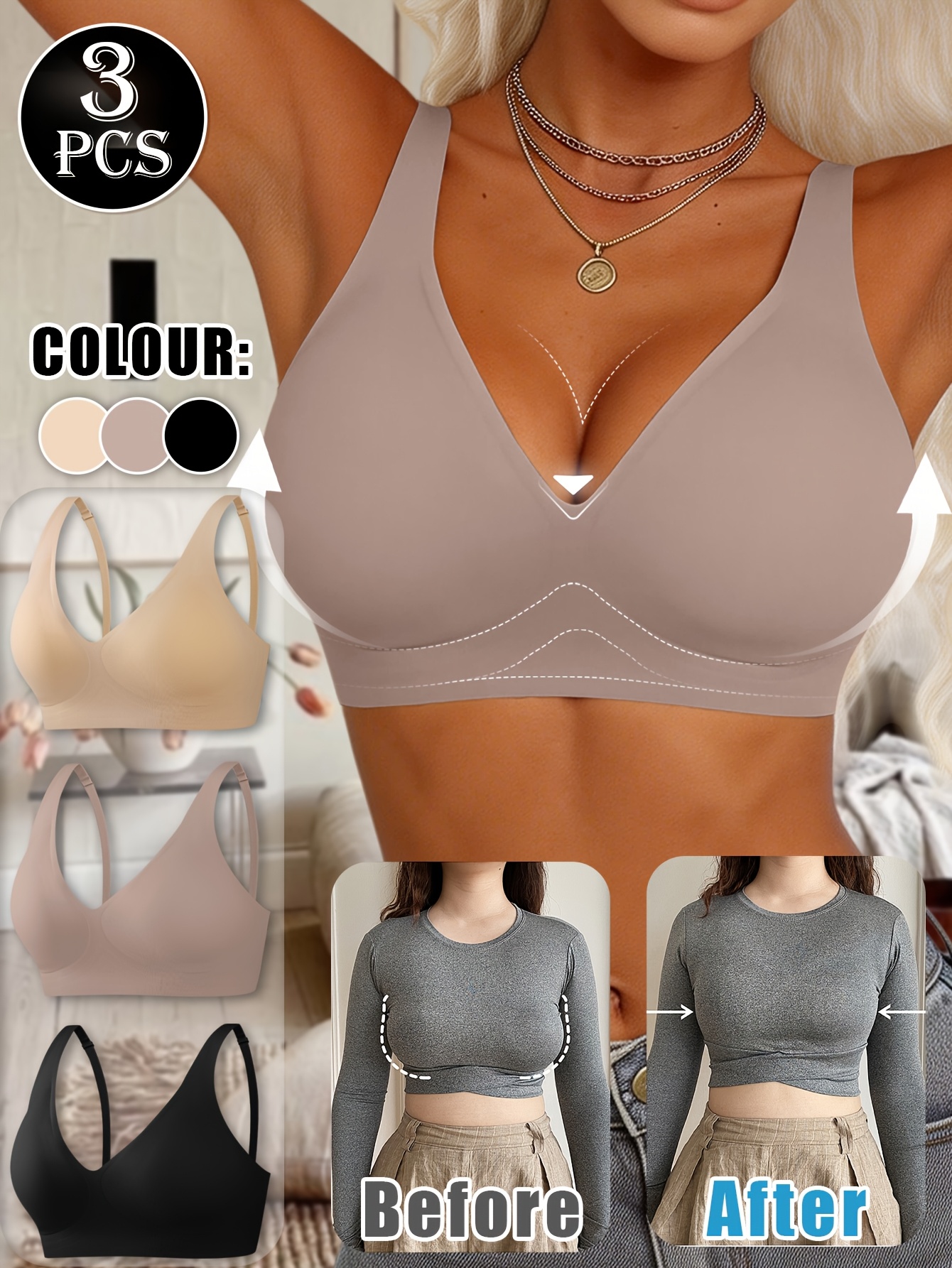 item picture JOINBUY 3-Pack High-Quality Jelly Silicone Seamless Women'S Underwear, Wireless Deep V-Neck Comfortable Small Bust Push-Up Shaping Tummy Control Bra, Smooth Elastic Ice Breathable Fabric Sexy Lingerie, Adjustable Straps, Removable Padding