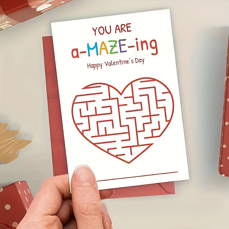 

10pcs Valentine's Day Maze Greeting Cards With Pen Holder - "" Puzzle , Ideal For Classroom Exchanges & Romantic Gifts, Non-candy