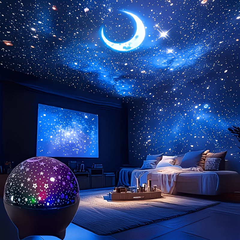 TEMU 1pc Bedroom Decor Projector Night Light Usb Powered Star Moon Projector, Romantic 7 Color Changing Led Night Light, Indoor Ceiling Starry Sky