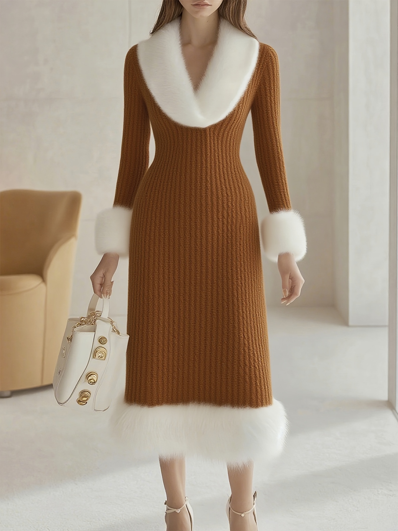 womens elegant v neck faux fur trim dress long sleeve knee - Temu Bahrain