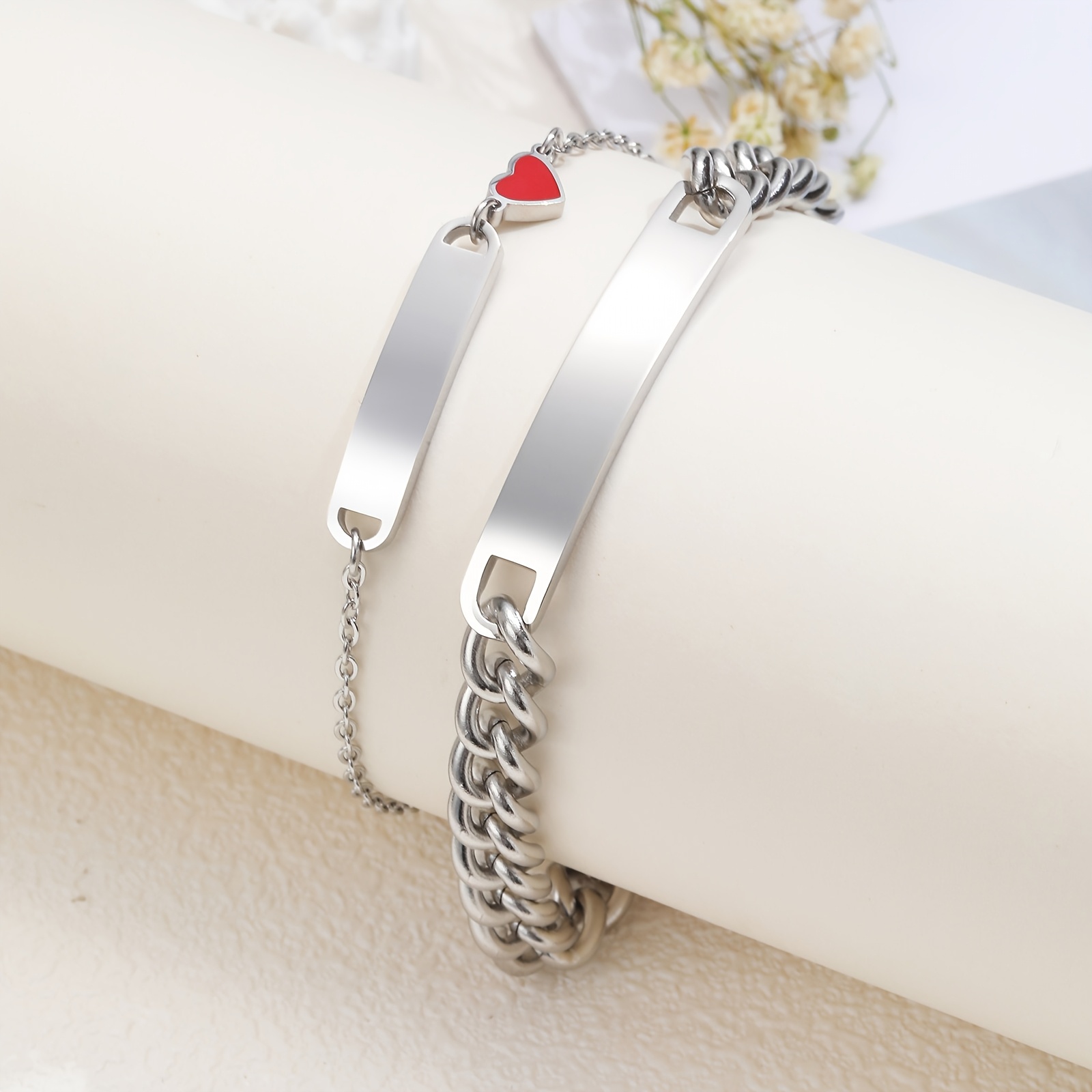 TEMU 2pcs Custom Anniversary Gift 304 Stainless Steel Personalized Letter Couple Bracelet For Women And Men, Heart-shaped Love Jewelry, Ideal For
