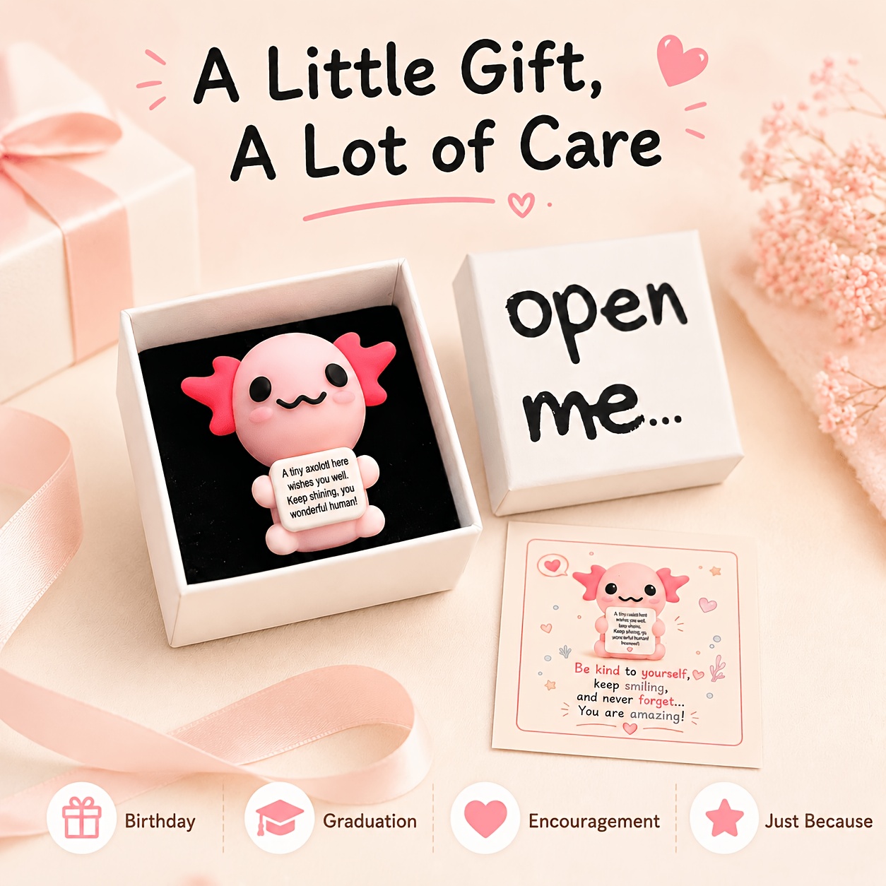 TEMU Axolotl , With English Encouragement Card And Cute Axolotl Figurine, A Self-care Gift For , , And Colleagues, Suitable For Birthdays,