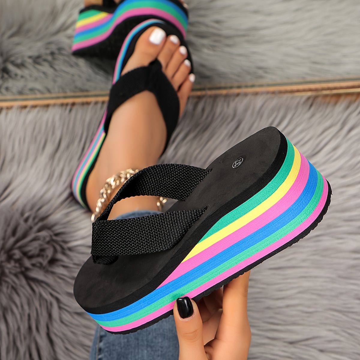 

Women's Rainbow Sole Flip Flops, Fashionable Summer Beach Platform Slide Sandals, Casual Outdoor Thong Slide Shoes