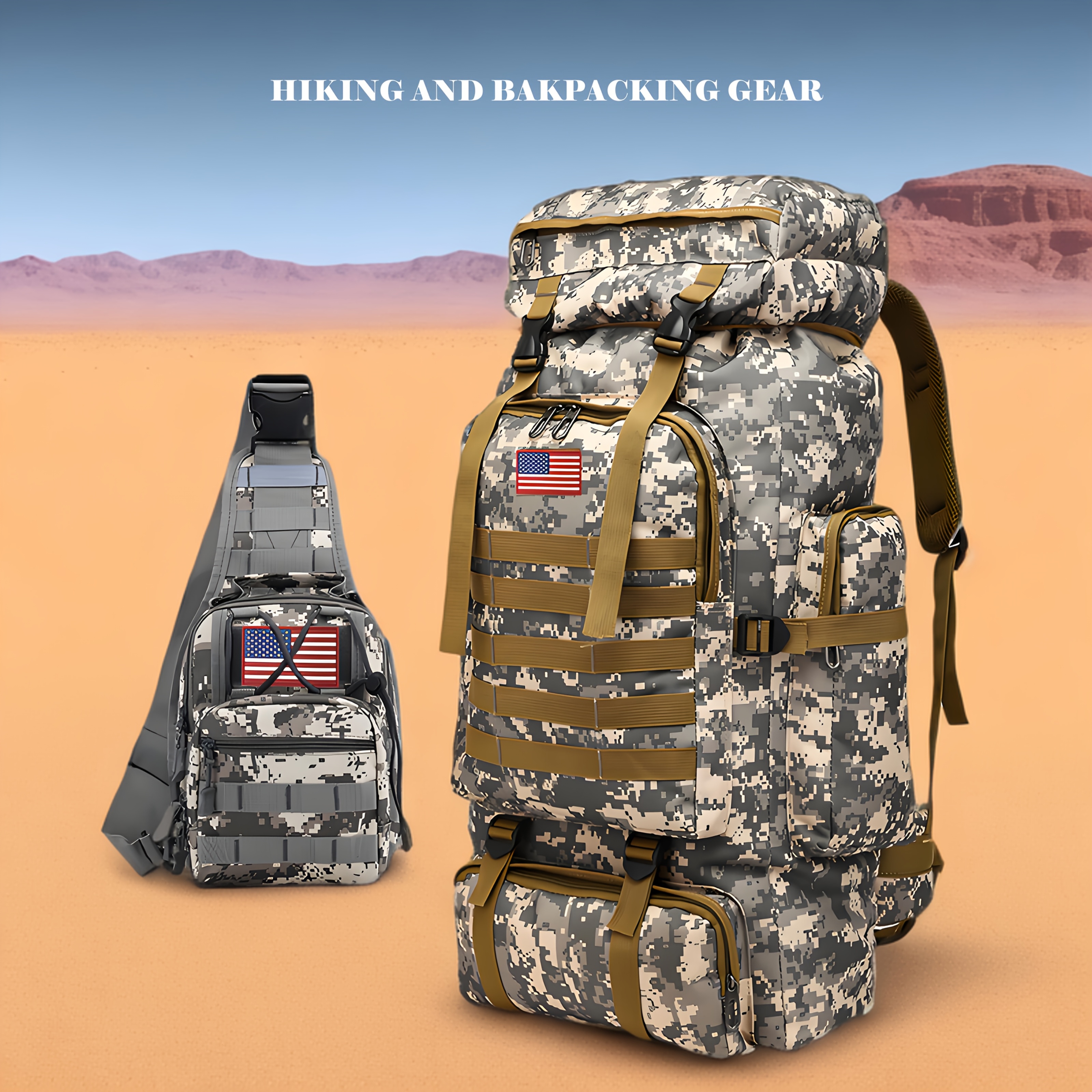 2pcs Set 21.13gal Hiking Backpack Tactical Backpack Camping Mountaineering Bag Tactical Backpack 3 Day Assault Pack Chest Pack Large Camping Unisex Camouflage Outdoor with DIY System, Camping, Hunting, Hiking, Sports, Men's Traveling Camping Hunting, JUMAHE