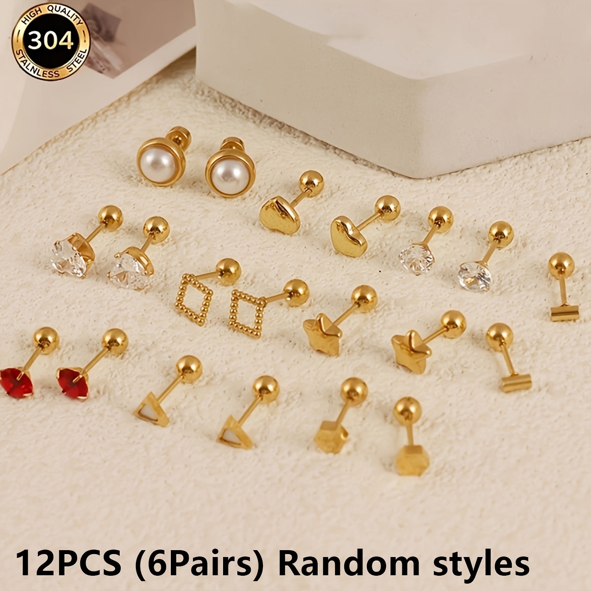 TEMU 12pcs (6 Pairs) (random Styles) 304 Stainless Steel Round Heart And Star-shaped Stud Earrings, Screw-back Earrings That Don't Need To Be For