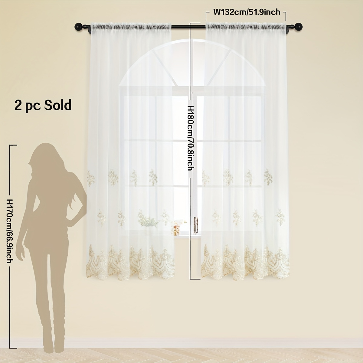 Image of 2-pack White Romantic Aesthetic Embroidered Sheer Curtains, Light Filtering , Suitable For Living Room And Bedroom Windows And Door Decor