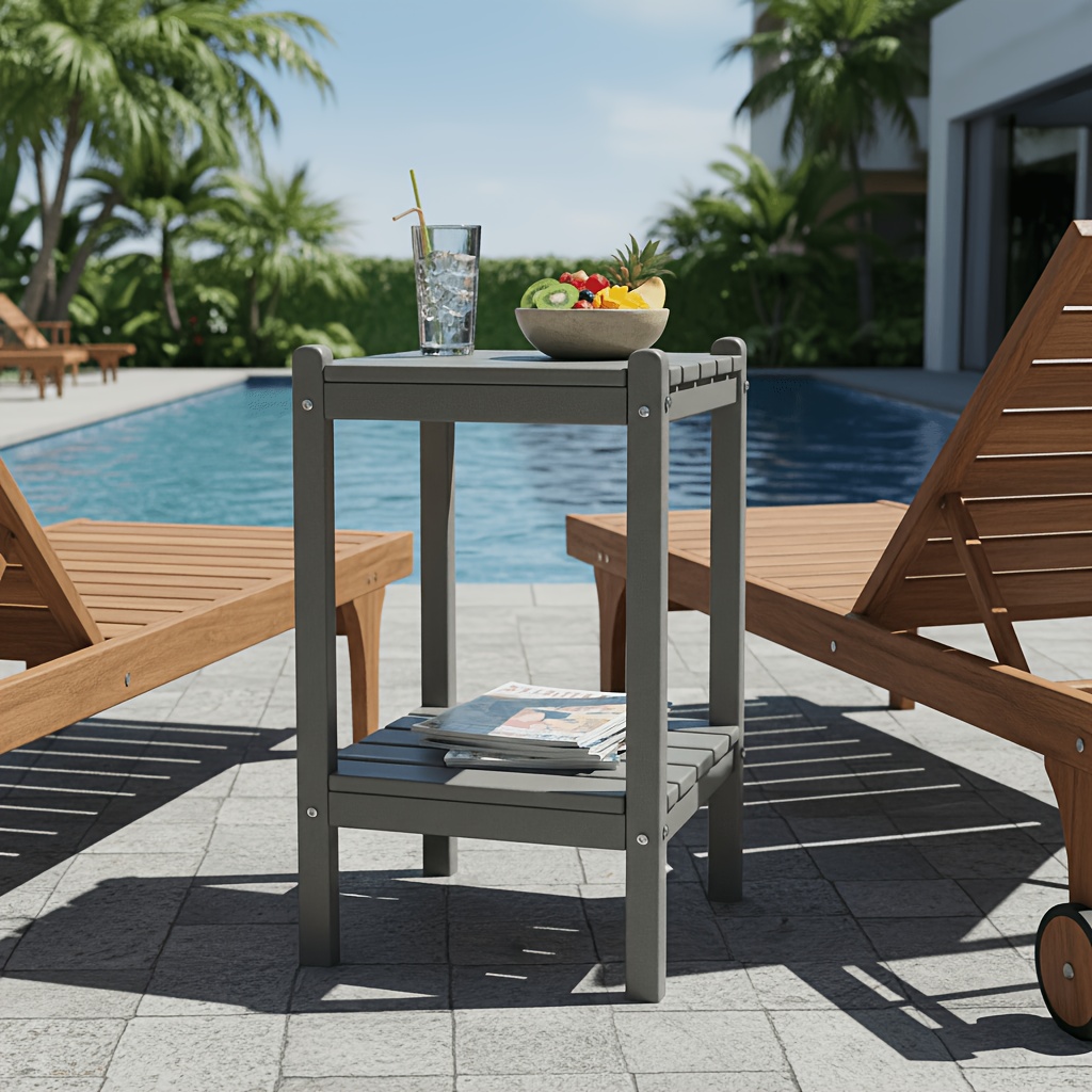 Outdoor HDPE Double-layer High Side Table, Leisure Side Table with Double-Layer Storage Design, Multifunctional Small Coffee Table, for Courtyard, Pool, Terrace And Balcony, Gray