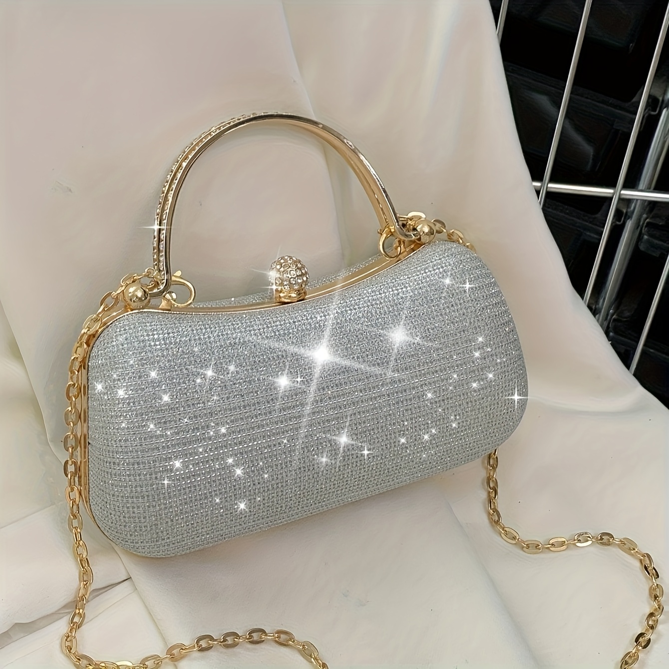 Image of Elegant Mini Rhinestone Decorated Shiny Box Bag, With Detachable Chain Strap- Sparkling Golden Clutch Bag With Textured Fabric And, Suitable For Weddings And Parties