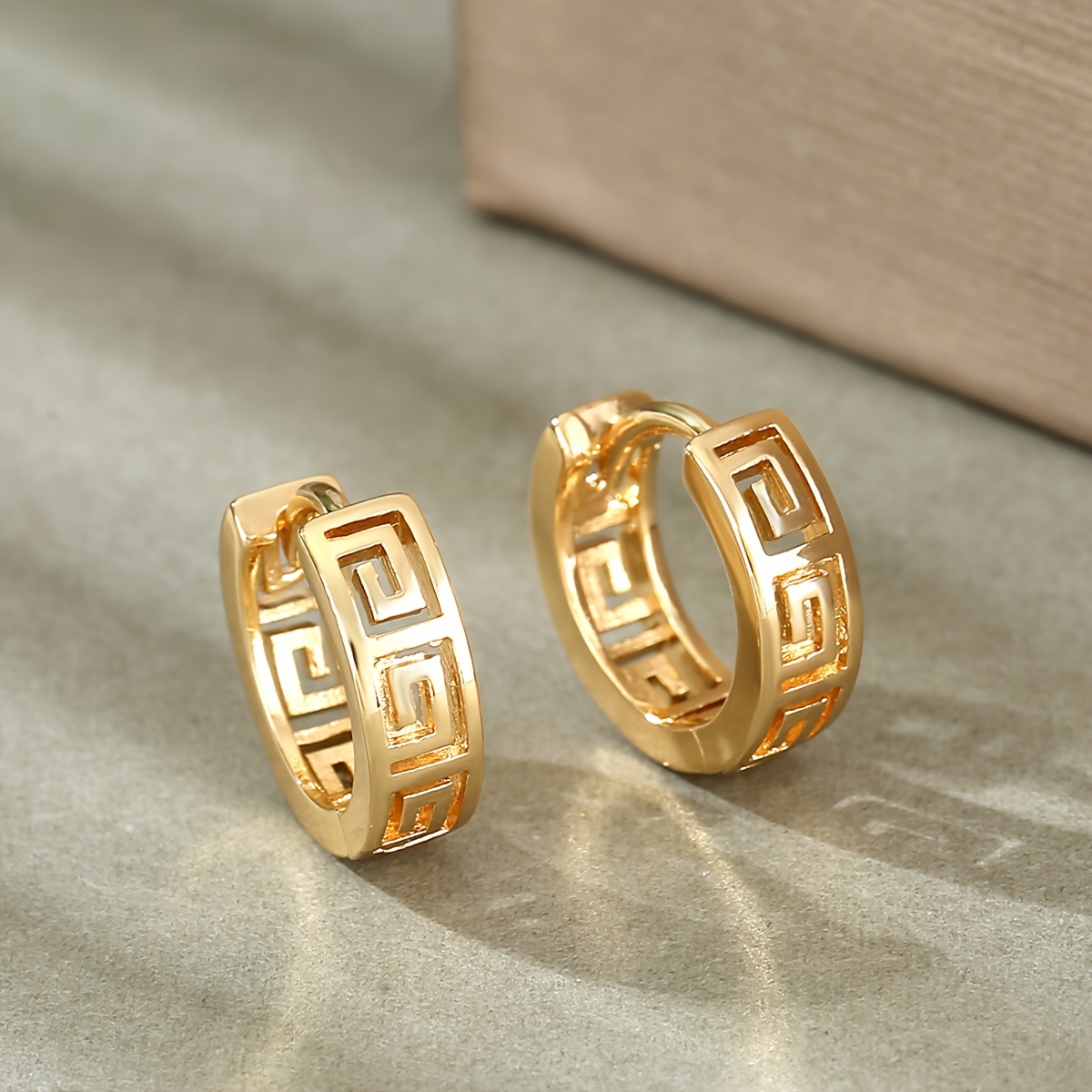 

Senlansp Vintage Hoop Earrings - 14k Plated Copper, Geometric Greek Key Cut-out Design, Unisex For Daily Wear - 2 Piece Set