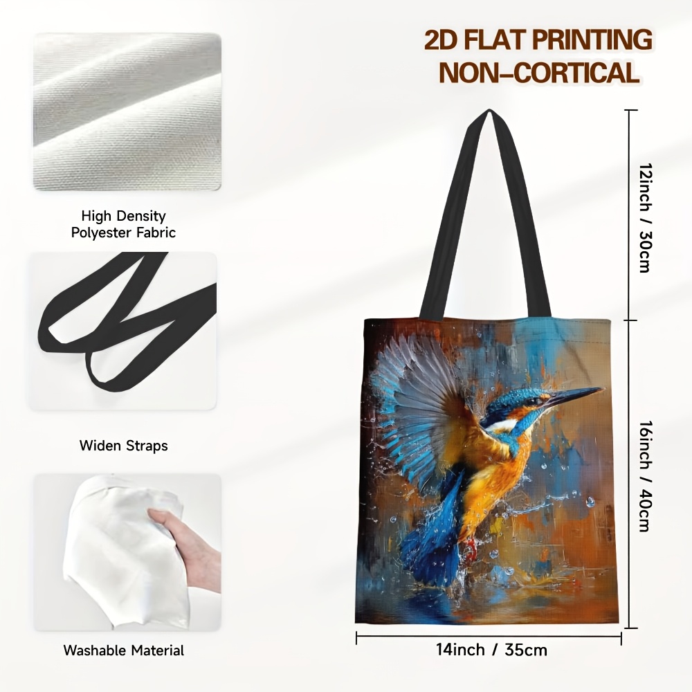 TEMU 1pc Chic Kingfisher Splashing Water Design Tote Bag, Large And Durable, Perfect For Shopping And Fashion, Reusable Grocery Bags, Ideal For