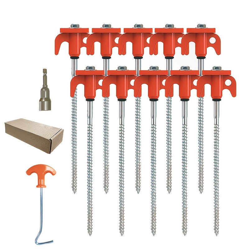 TEMU 10-pack 8-inch Heavy-duty Tent Stakes With Hex Sockets | Rust-resistant Iron Spiral Ground Nails For Garden, Courtyard, Hiking - Orange