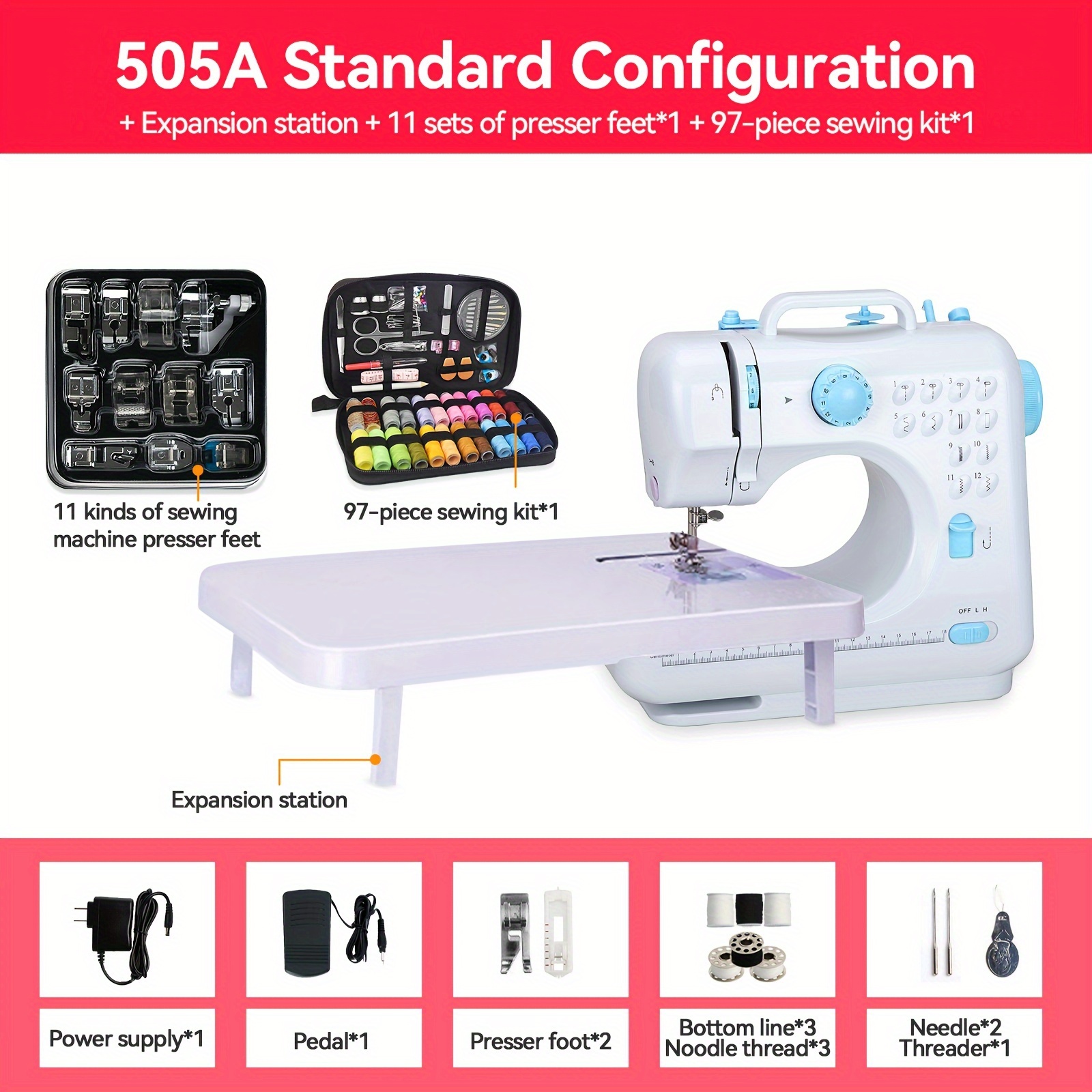 

505a Sewing Machine With Expansion Board +11pcs Presser Feet +97pcs Sewing Kit